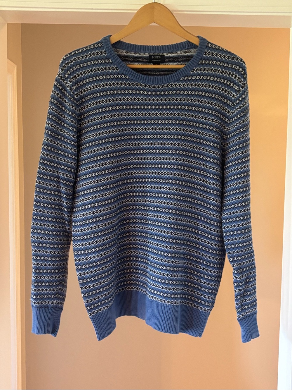 J. Crew Men's Blue and White Striped Pattern Crewneck Sweater